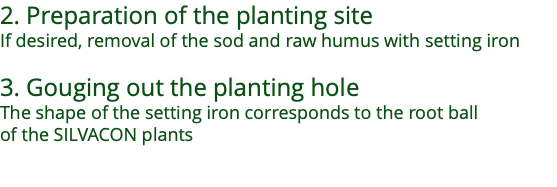 2. Preparation of the planting site If desired, removal of the sod and raw humus with setting iron 3. Gouging out the planting hole The shape of the setting iron corresponds to the root ball  of the SILVACON plants 